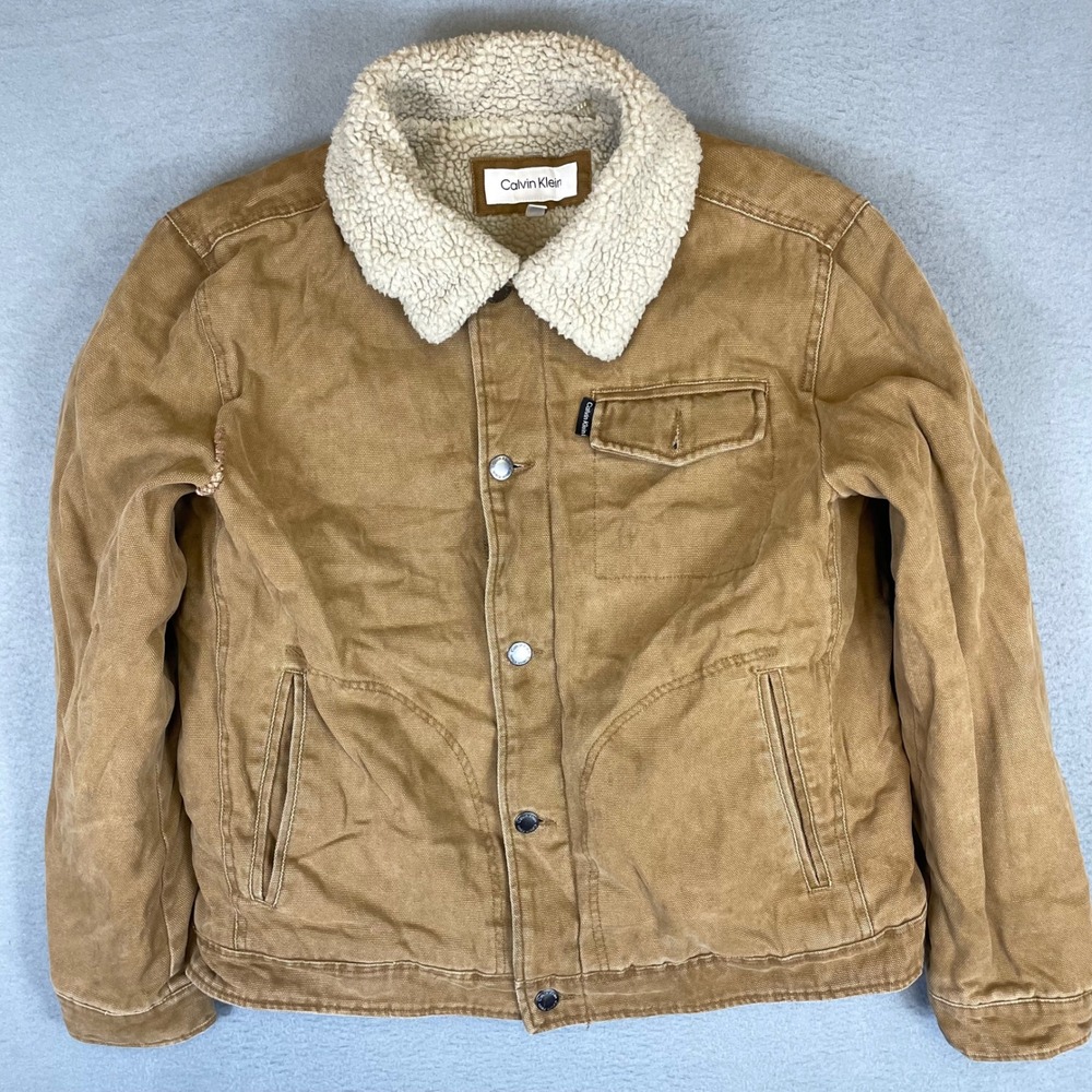 Calvin Klein Trucker Jacket Men Large Tan Sherpa Lined Canvas Workwear CMHZS1000